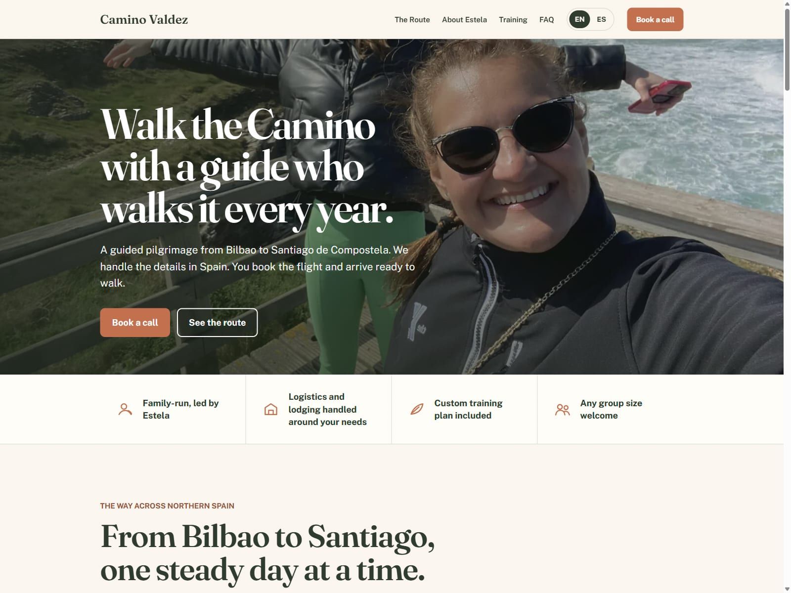 The caminovaldez.com homepage with a coastal photo of the Camino