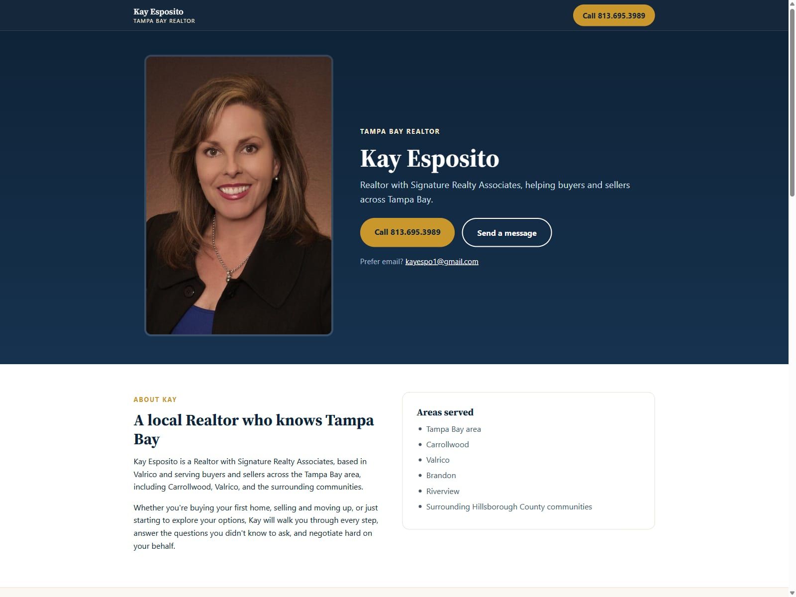 The kayesposito.com homepage with Kay's photo and call and message buttons